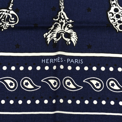 Hermes Cashmere Silk Les Cles Bandana Shawl 140 Marine Black White 2 of 6