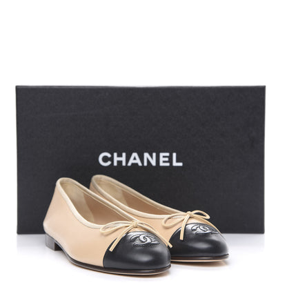 Chanel Lambskin CC Cap Toe Ballerina Flats 36.5 Beige Black 9 of 9