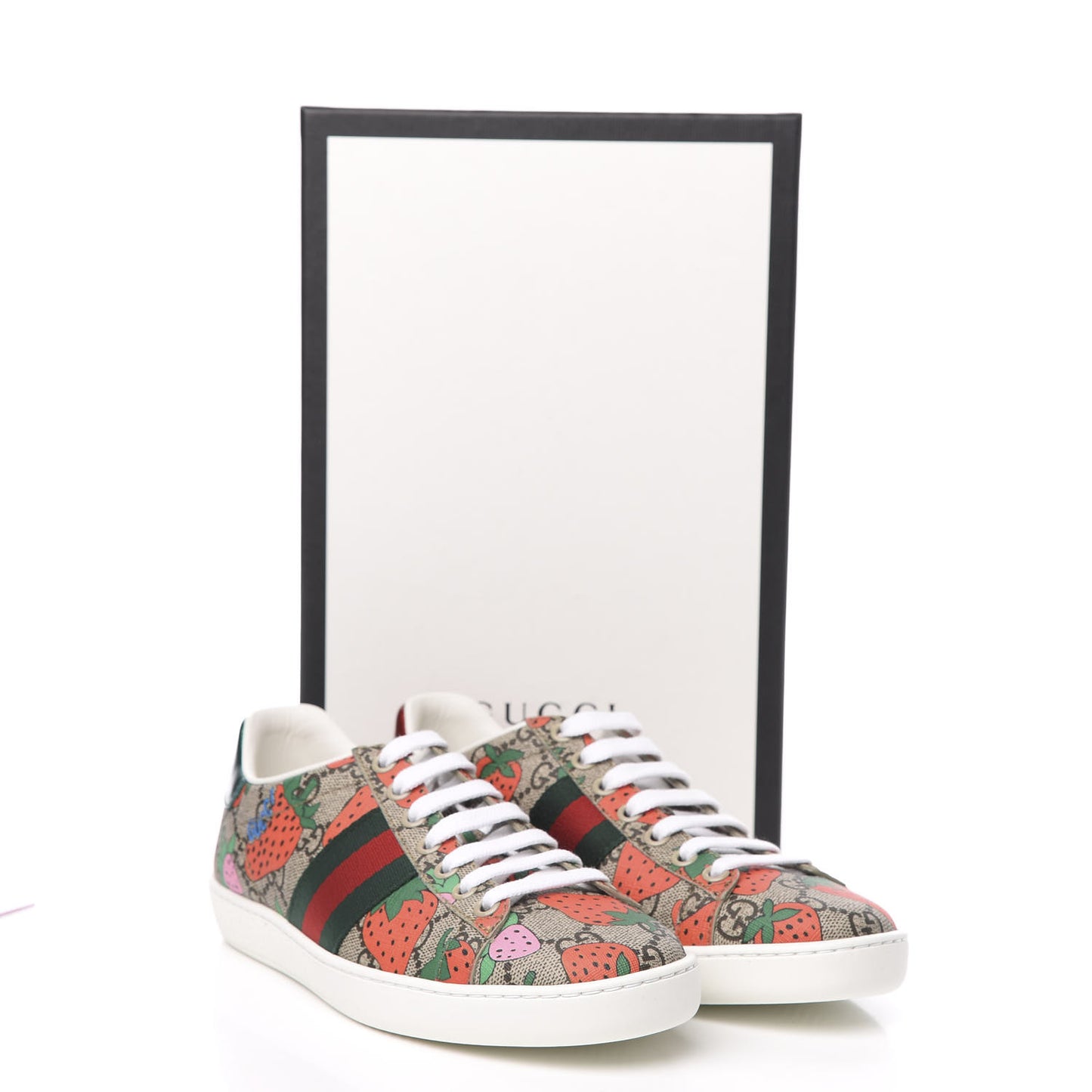 GG Supreme Monogram Strawberry Web Womens Ace Sneakers 35.5 Beige Multicolor Red Green