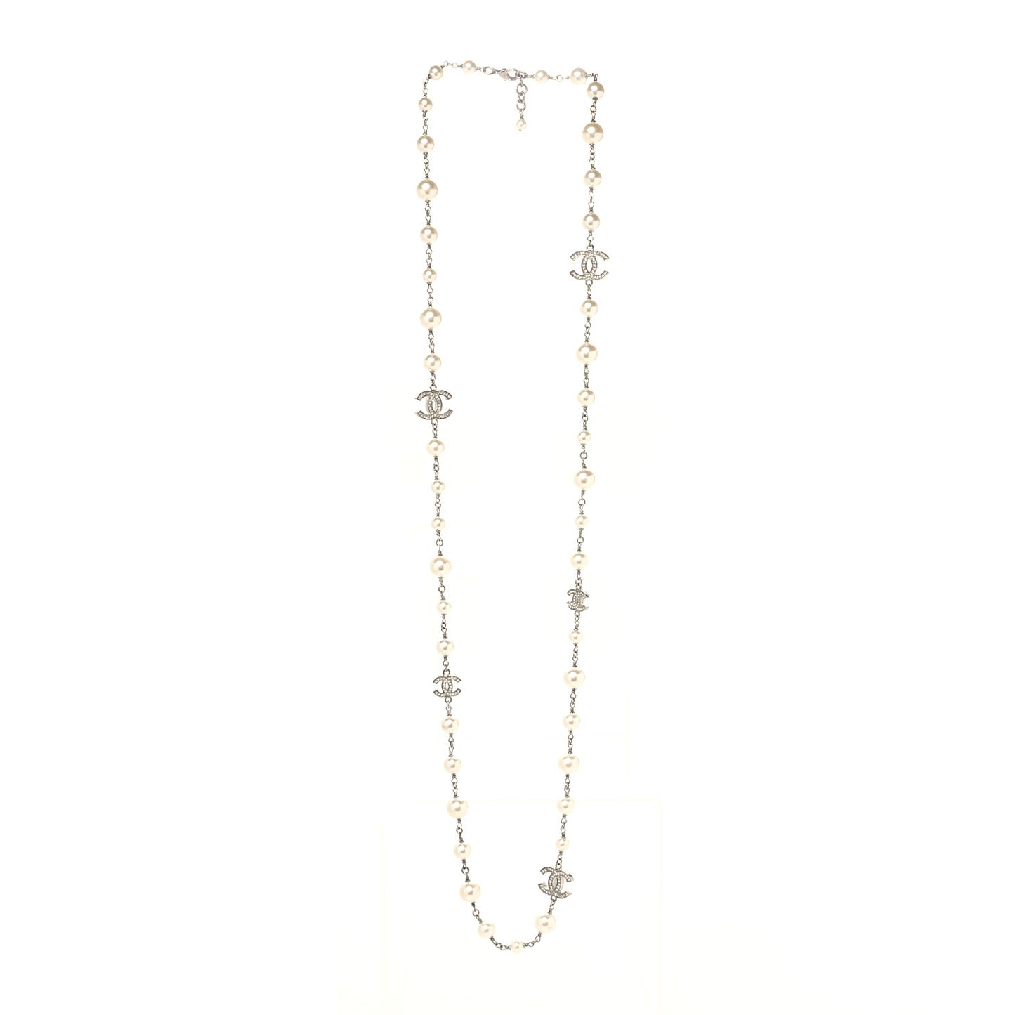 Graduated Pearl Crystal CC Long Necklace Silver