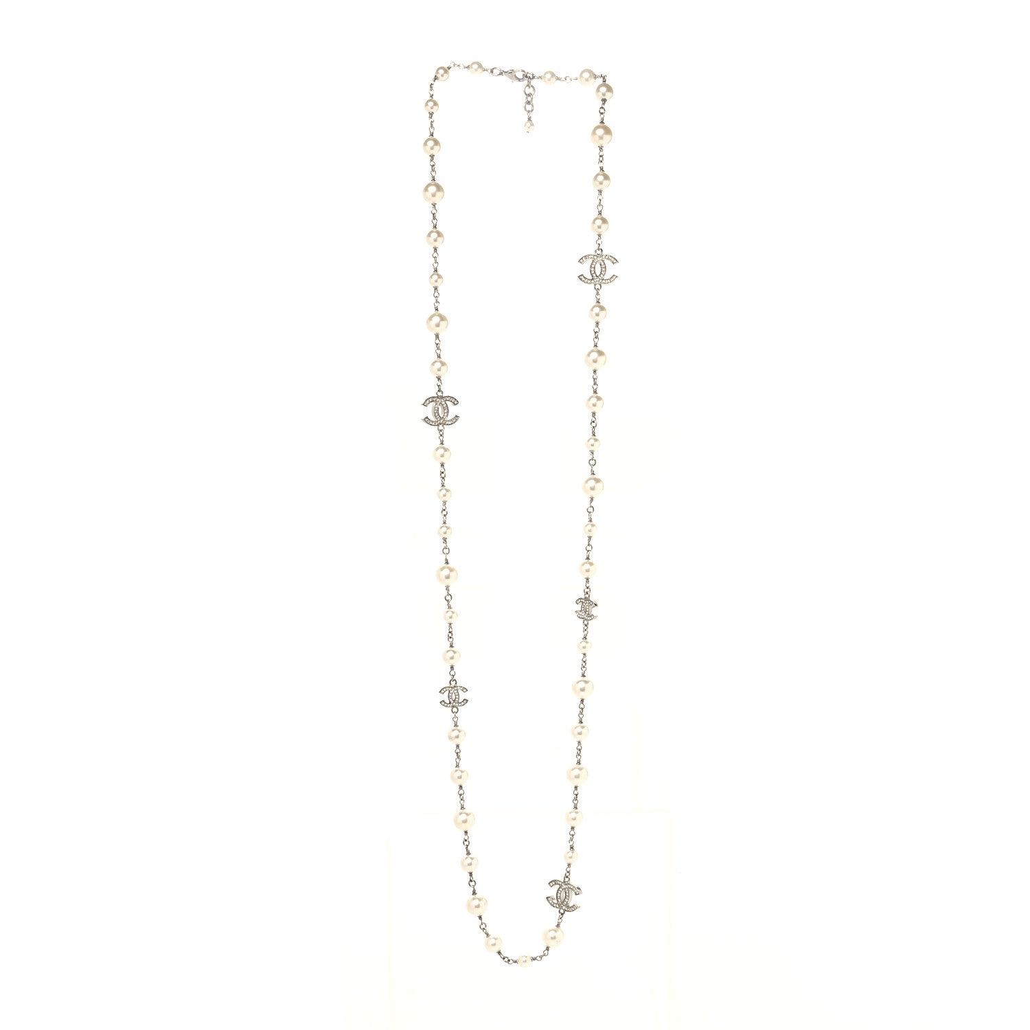 Chanel Graduated Pearl Crystal CC Long Necklace Silver 3 of 5