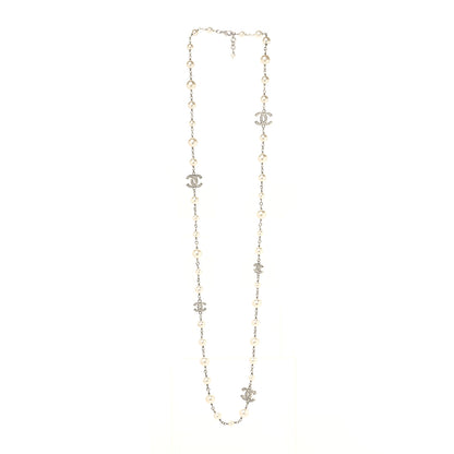 Chanel Graduated Pearl Crystal CC Long Necklace Silver 3 of 5
