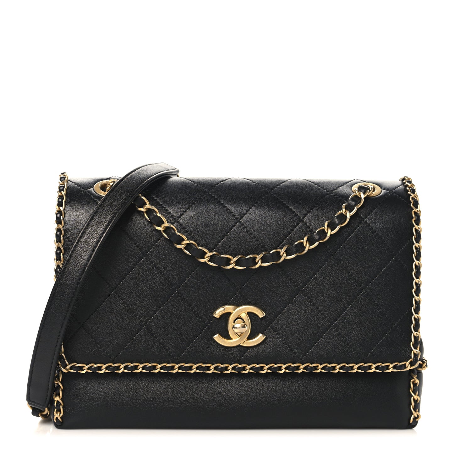 Calfskin Stitched Chain Flap Black