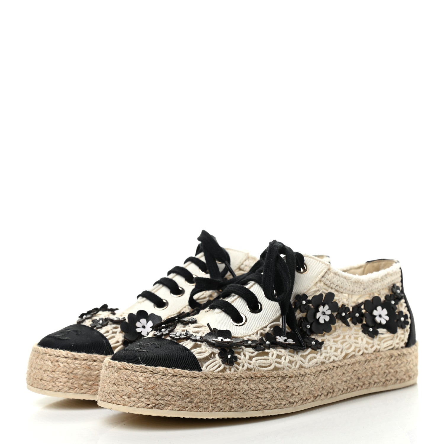 Chanel Cotton Grosgrain Broderie Lace Up Espadrilles 36 White Black 3 of 9