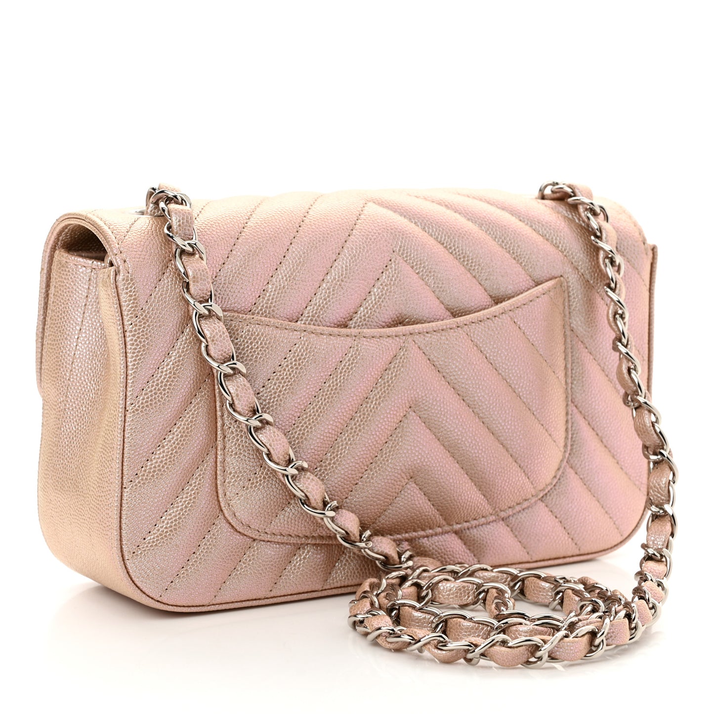 Iridescent Caviar Chevron Quilted Mini Rectangular Flap Light Gold