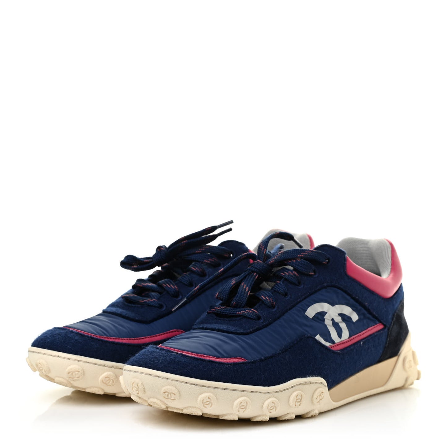 Nylon Calfskin Suede Womens Logo Sneakers 41 Navy Pink