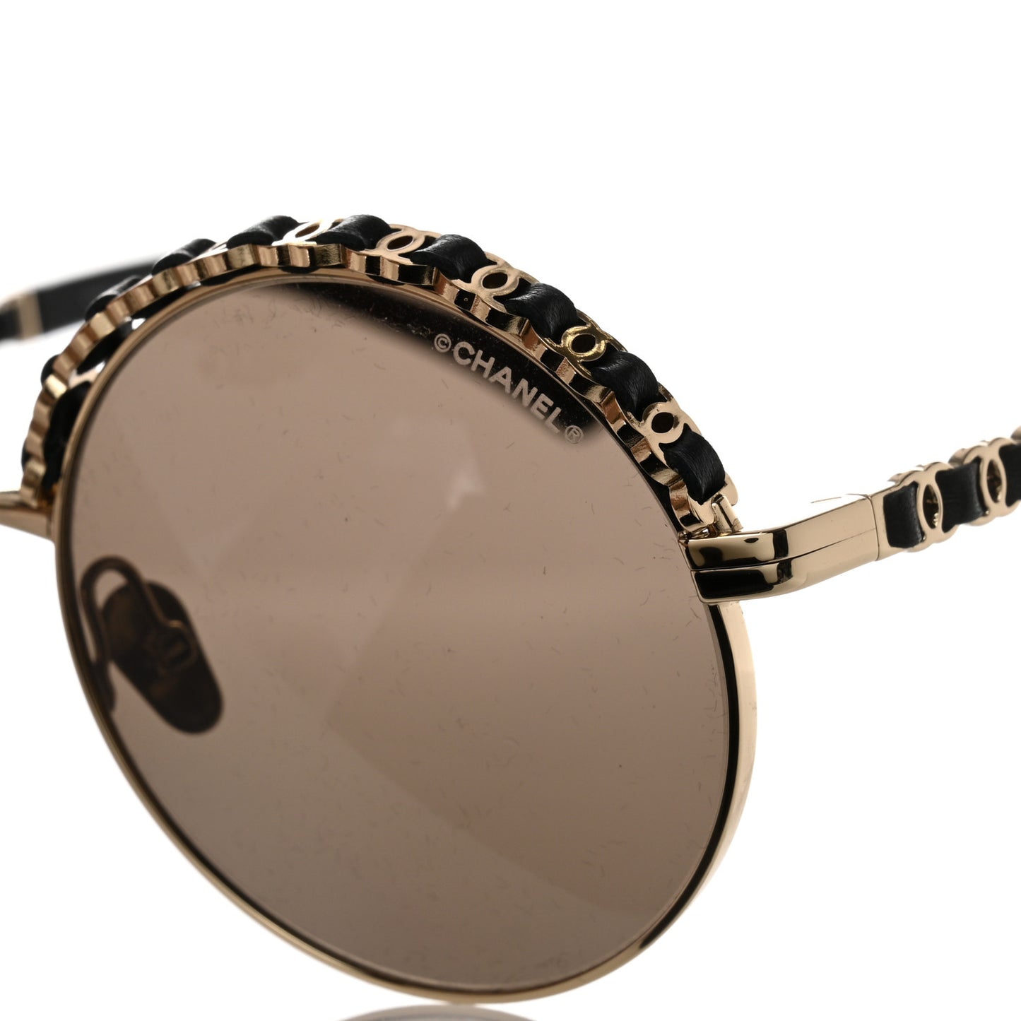 Metal Calfskin Round Chain Sunglasses Black