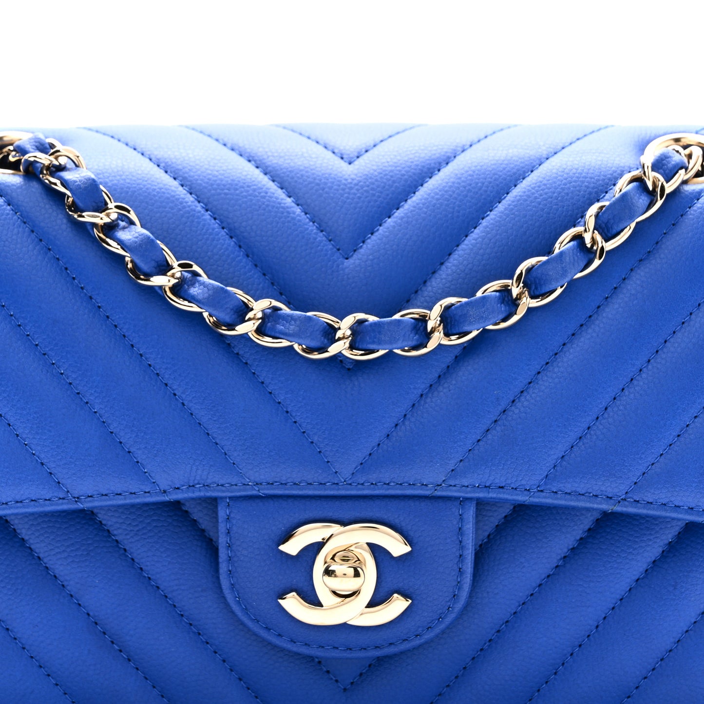 Caviar Chevron Quilted Small Double Flap Blue
