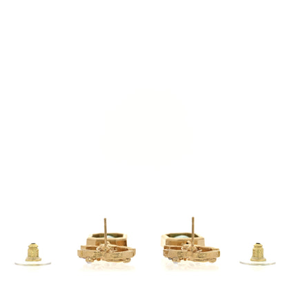 Chanel Crystal Pearl Glitter CC Drop Earrings Gold Green 3 of 5