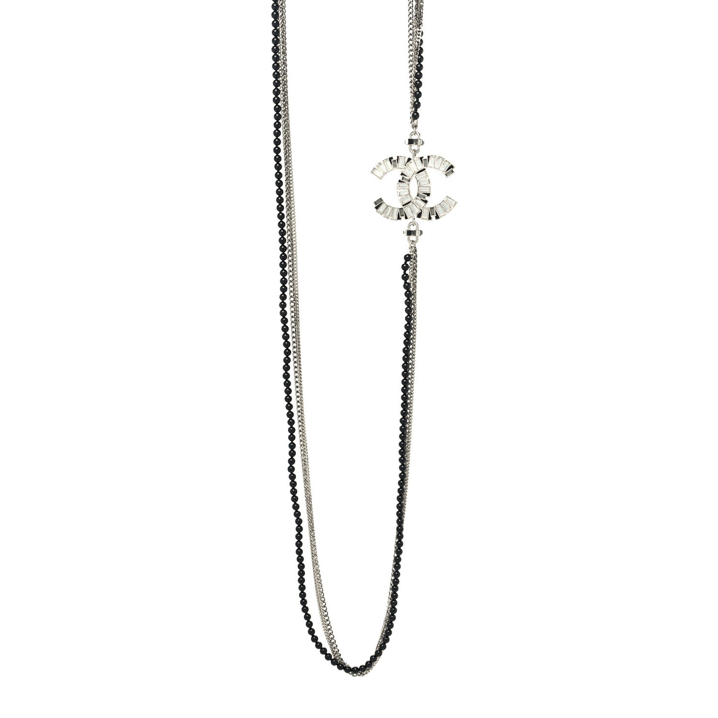 Metal Crystal Baguette Beaded CC Multi Strand Long Necklace Silver Black