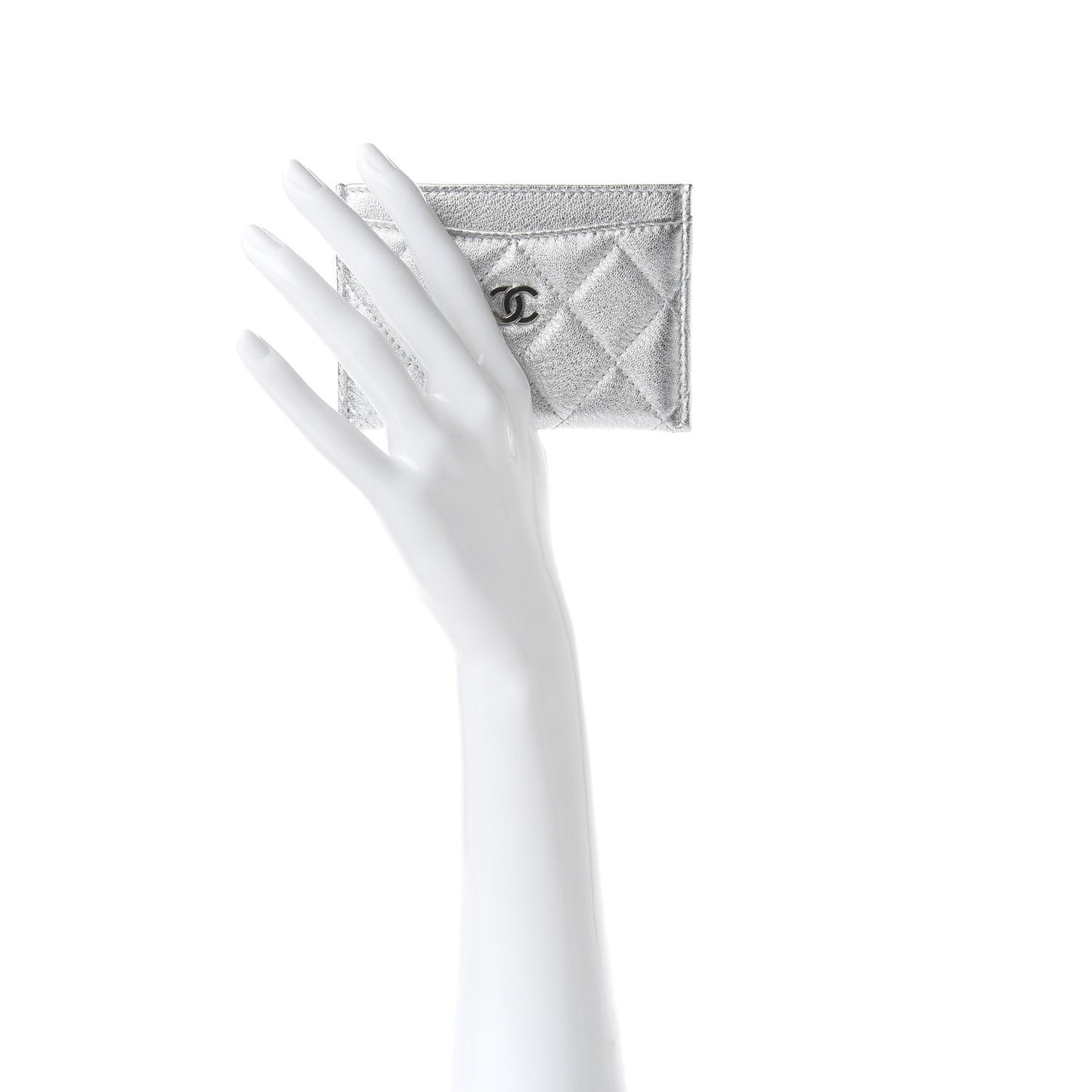Metallic Lambskin Quilted Card Holder Silver