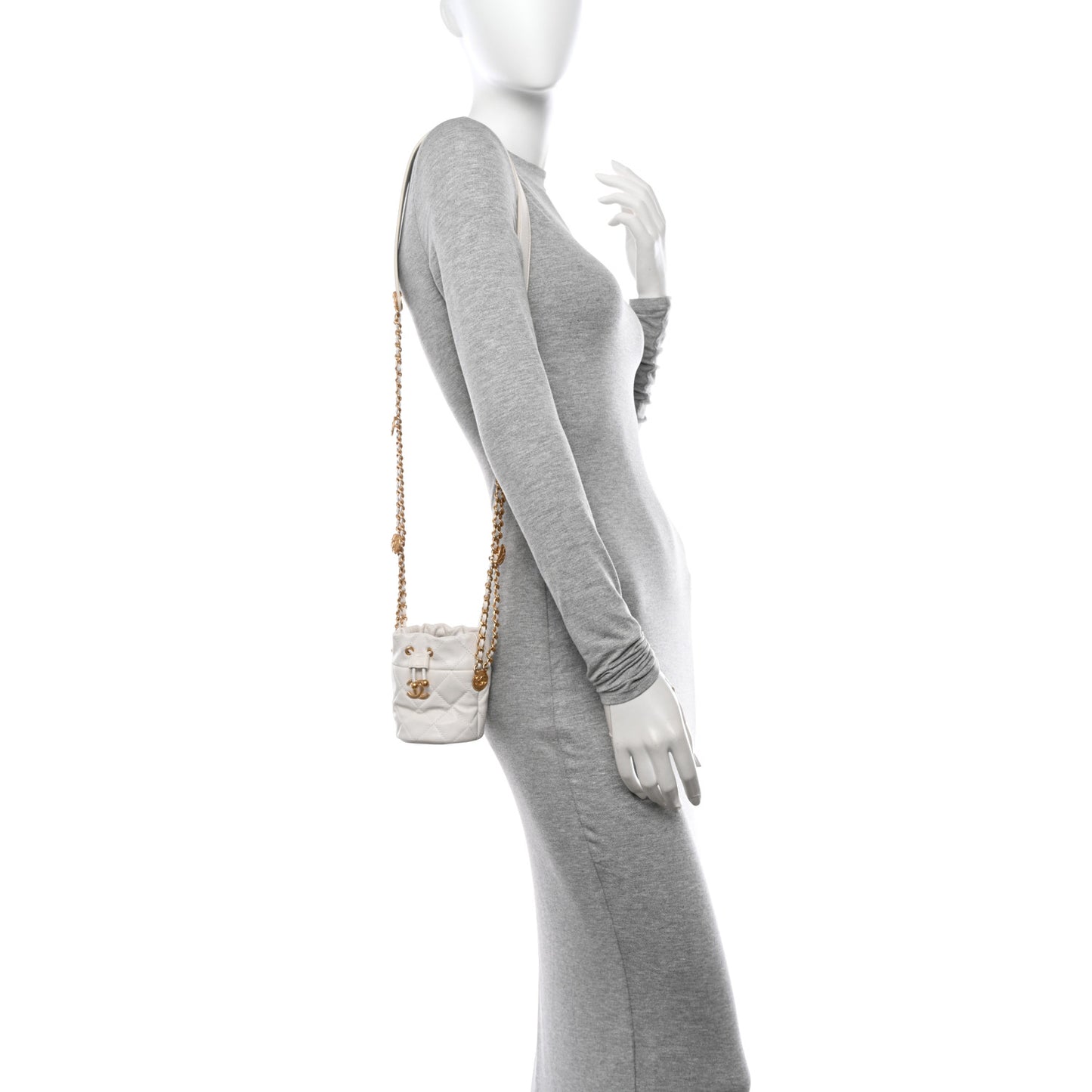 Caviar Quilted Twist Your Buttons Mini Bucket Bag White