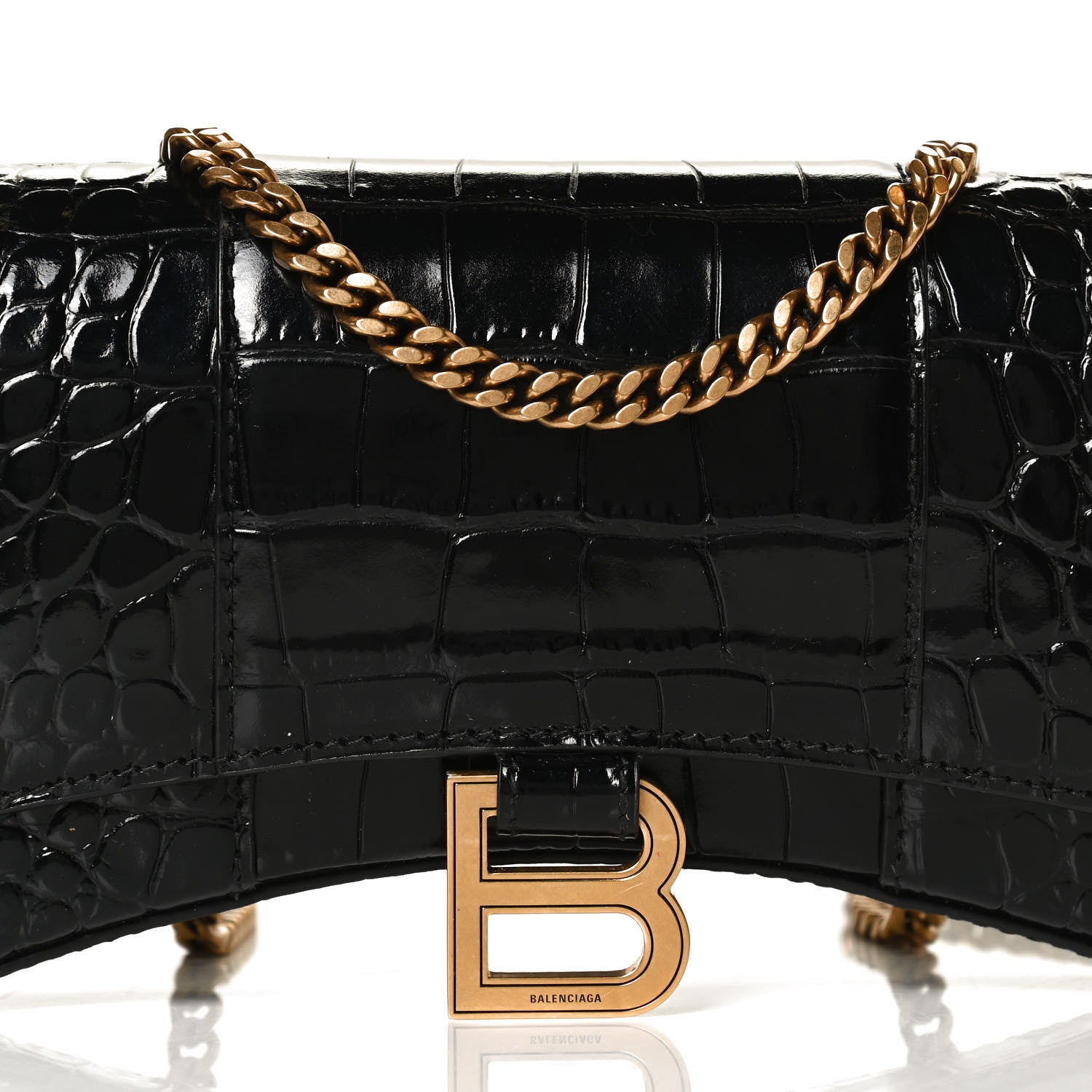 Balenciaga Shiny Calfskin Crocodile Embossed Hourglass Chain Bag Black 6 of 10