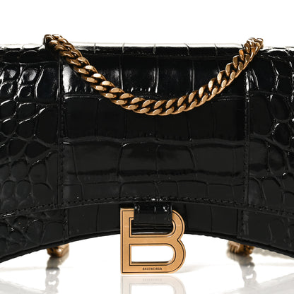 Balenciaga Shiny Calfskin Crocodile Embossed Hourglass Chain Bag Black 6 of 10