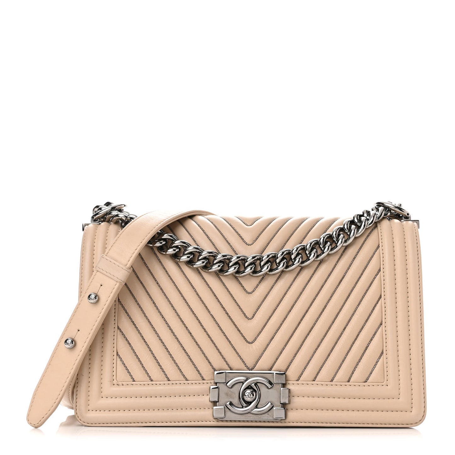 Calfskin Chevron Chain Medium Boy Flap Beige