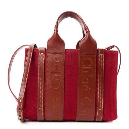 Chloe Cotton Calfskin Small Woody Ribbon Tote With Strap Dark Red 1 of 13