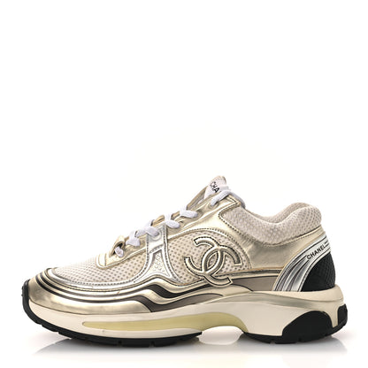 Chanel Fabric Laminated Calfskin Stretch CC Sneakers 37 White Gold Silver 1 of 18