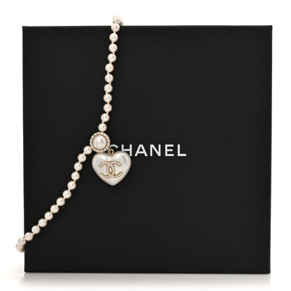 Chanel Pearl Crystal CC Heart Short Necklace Gold Pearly White 5 of 5