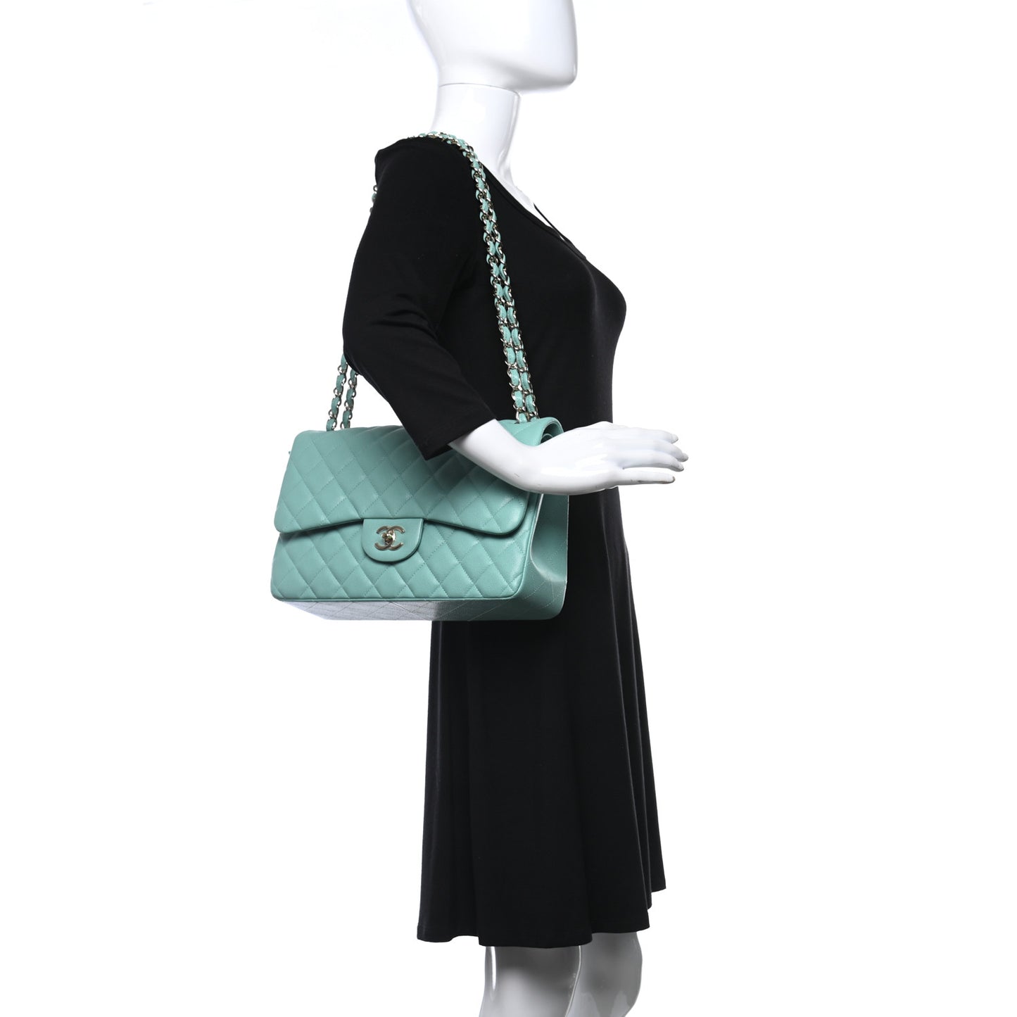 Caviar Quilted Jumbo Double Flap Light Green