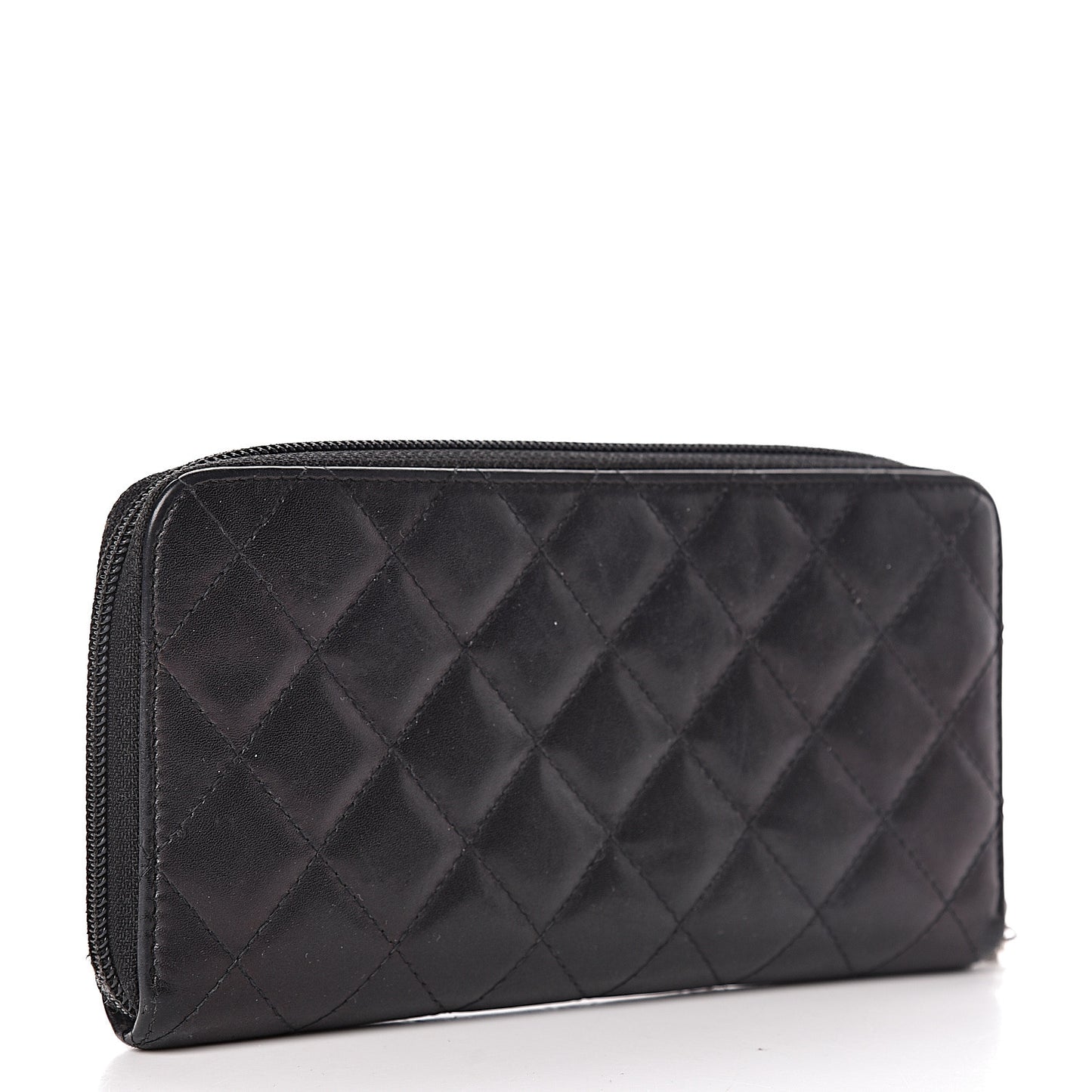 Calfskin Quilted Cambon Large Gusset Zip Around Wallet Black