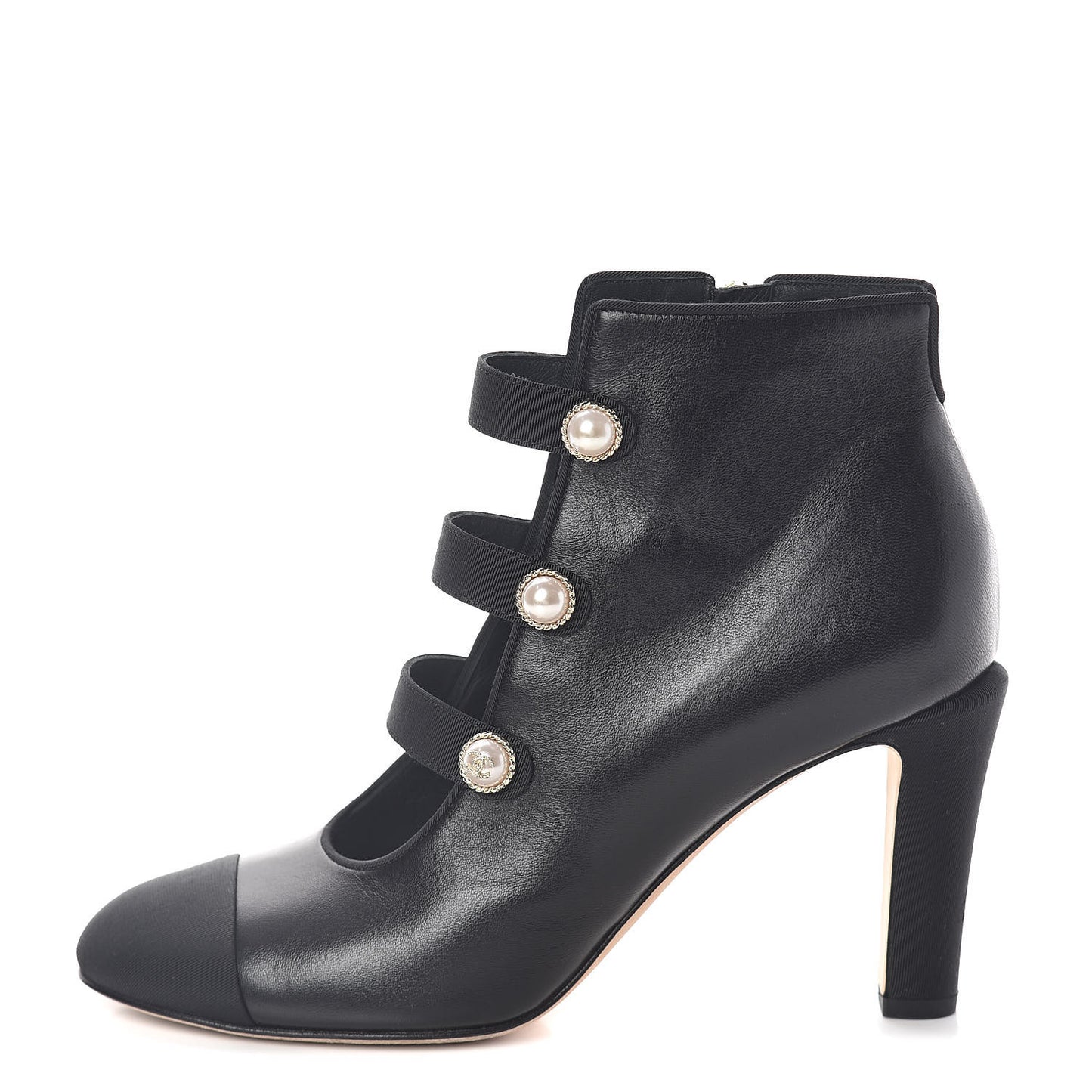 Lambskin Grosgrain Cap Toe Pearl Ankle Boots 38.5 Black