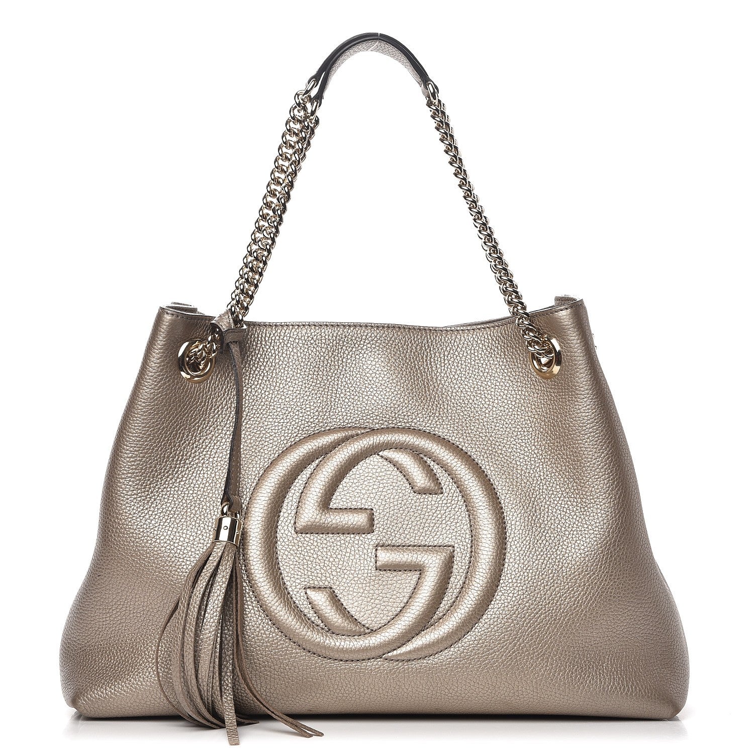 Gucci Metallic Pebbled Calfskin Medium Soho Chain Shoulder Bag Golden Beige 1 of 16
