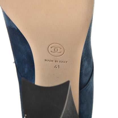 Chanel Suede Grosgrain Pearl Lace Up Booties 41 Dark Blue Black 9 of 10