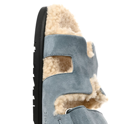 Hermes Suede Goatskin Woolskin Womens Chypre Sandals 38 Bleu Pinede Ecru 10 of 11