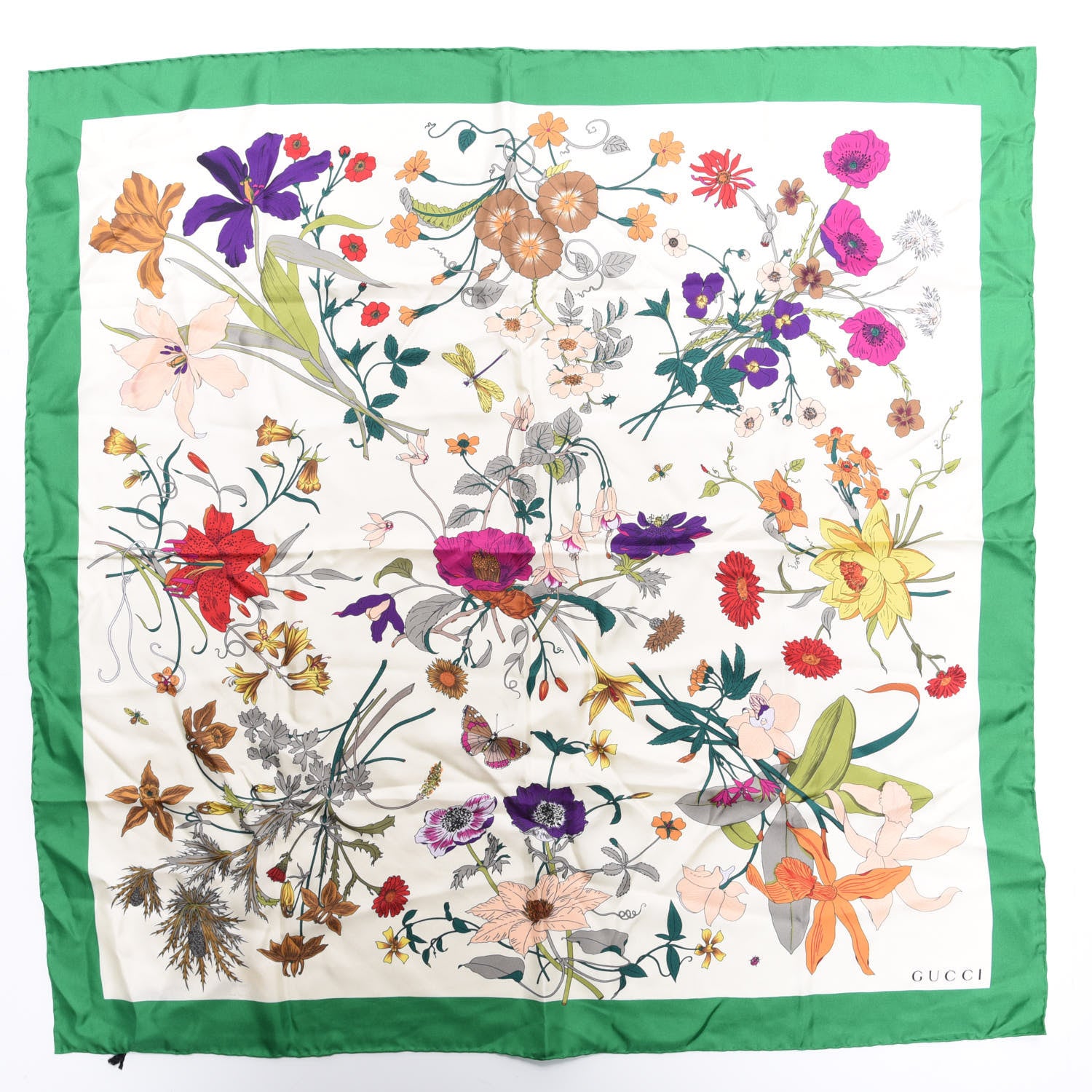 Gucci Silk Flora Gothic Square Scarf Ivory Dark Green 1 of 4