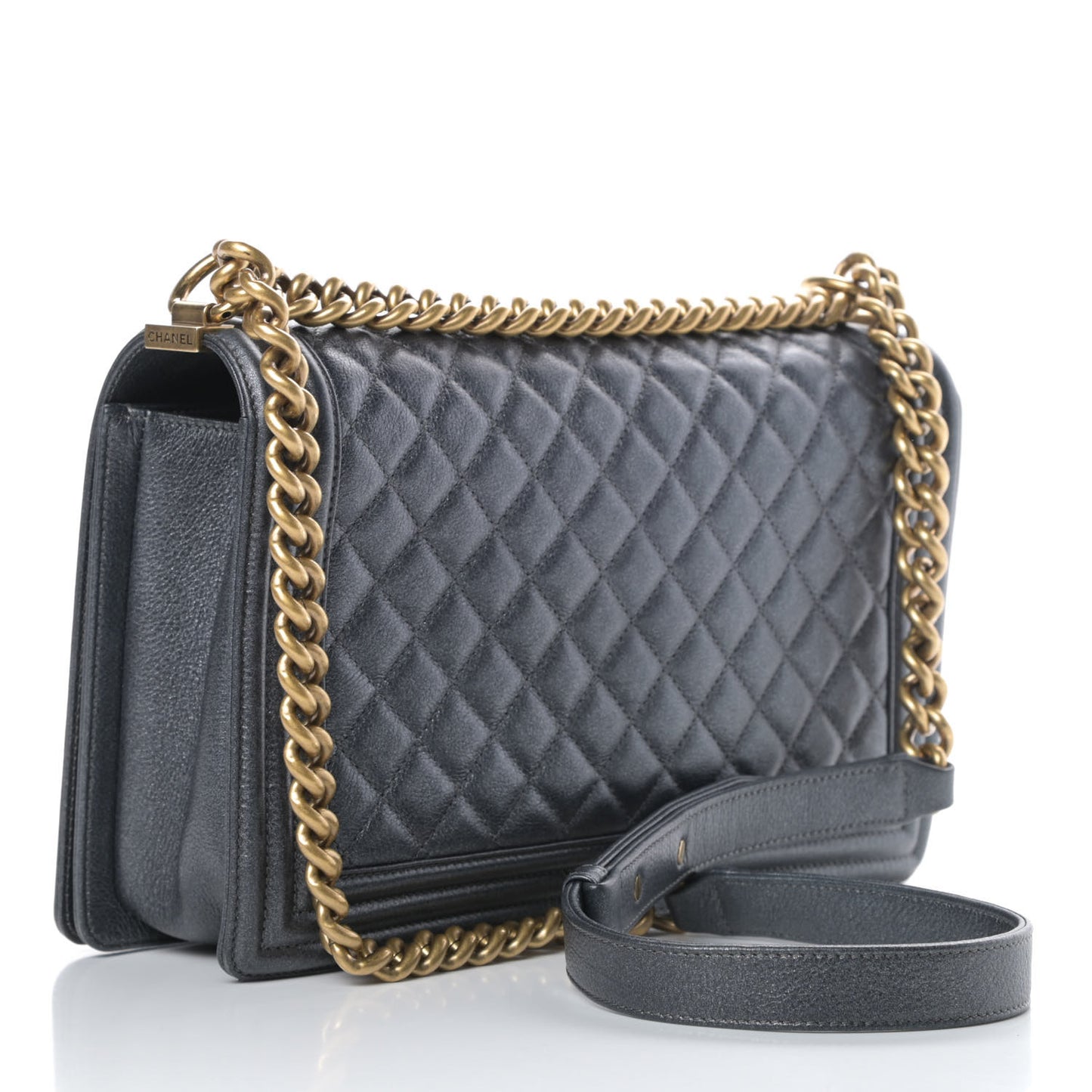 Metallic Calfskin Quilted New Medium Boy Flap Dark Grey