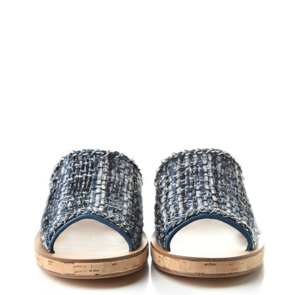Chanel Cork Tweed Chain Mule Slides 40 Blue 2 of 8
