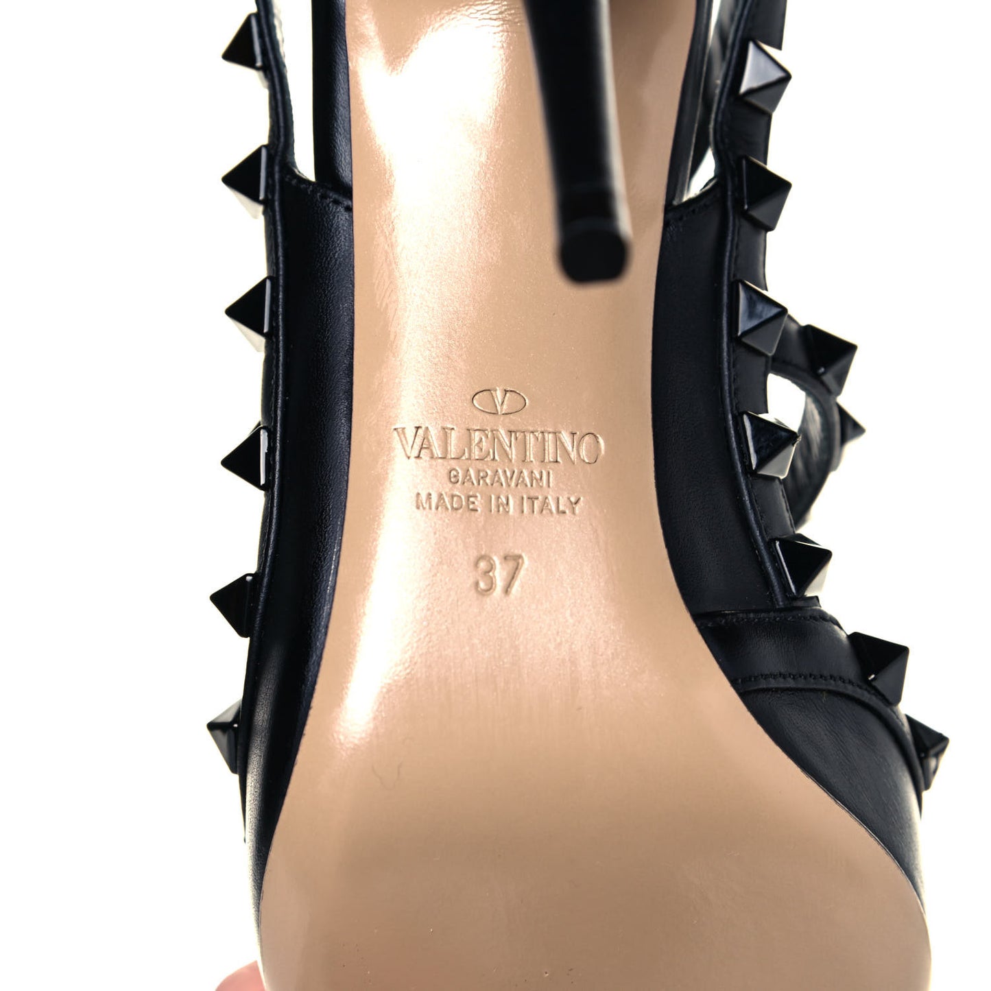 Calfskin Lacquered Monochrome Rockstud Ankle Strap 100mm Pumps 37 Black