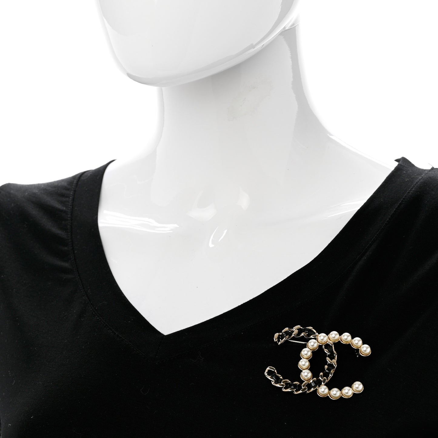 Lambskin Pearl CC Chain Brooch Black Gold