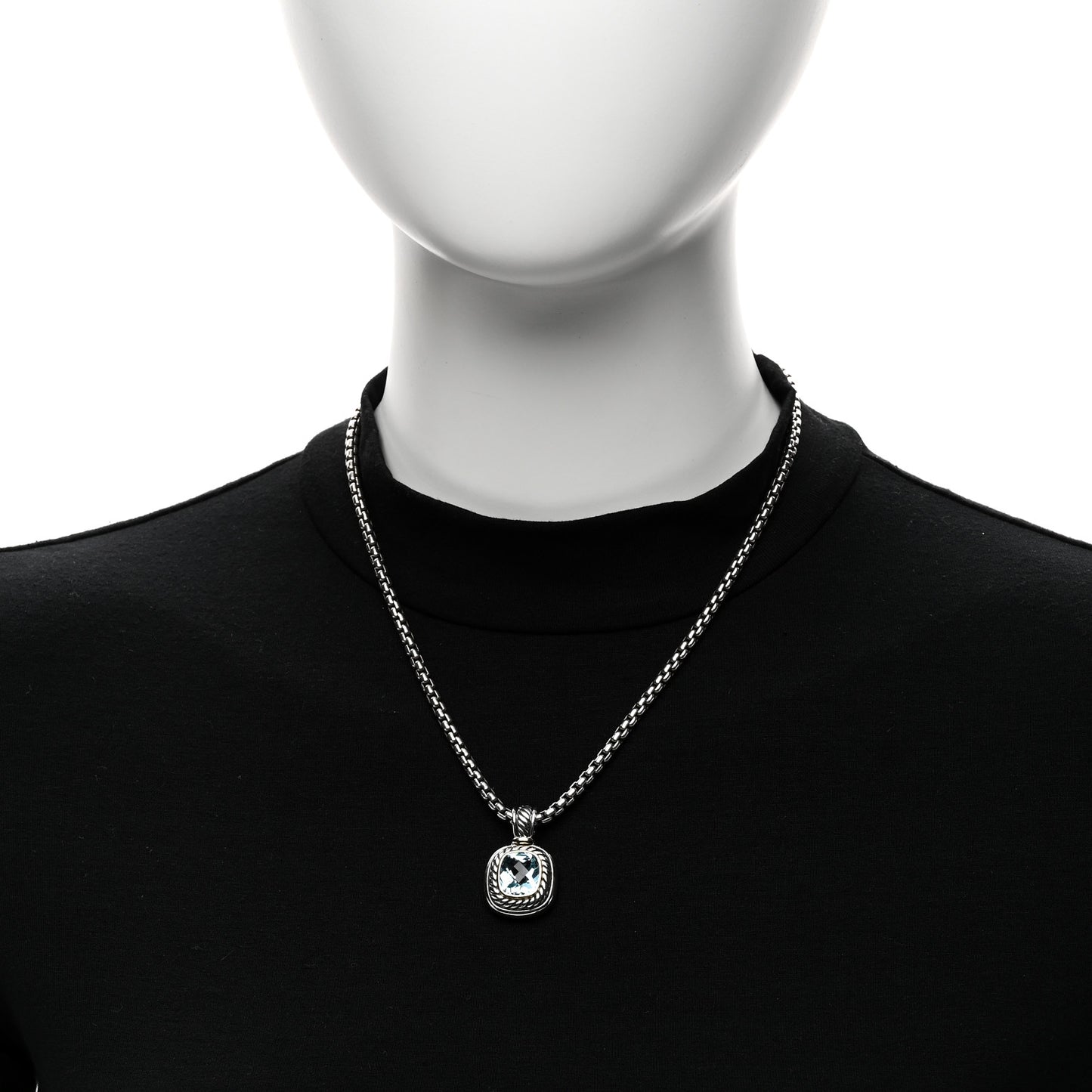 Sterling Silver 14K Yellow Gold Blue Topaz 12mm Albion Pendant Box Chain Necklace