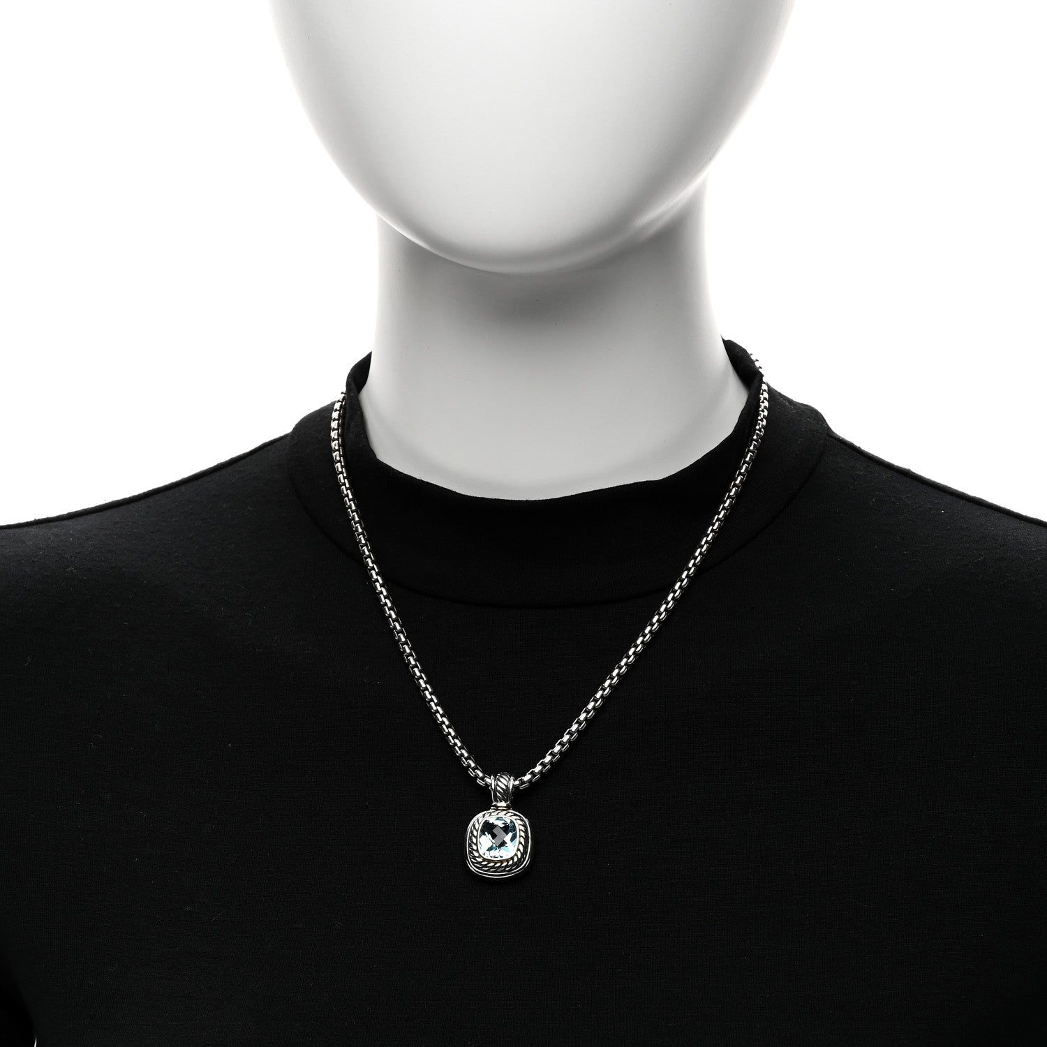 David Yurman Sterling Silver 14K Yellow Gold Blue Topaz 12mm Albion Pendant Box Chain Necklace 2 of 5