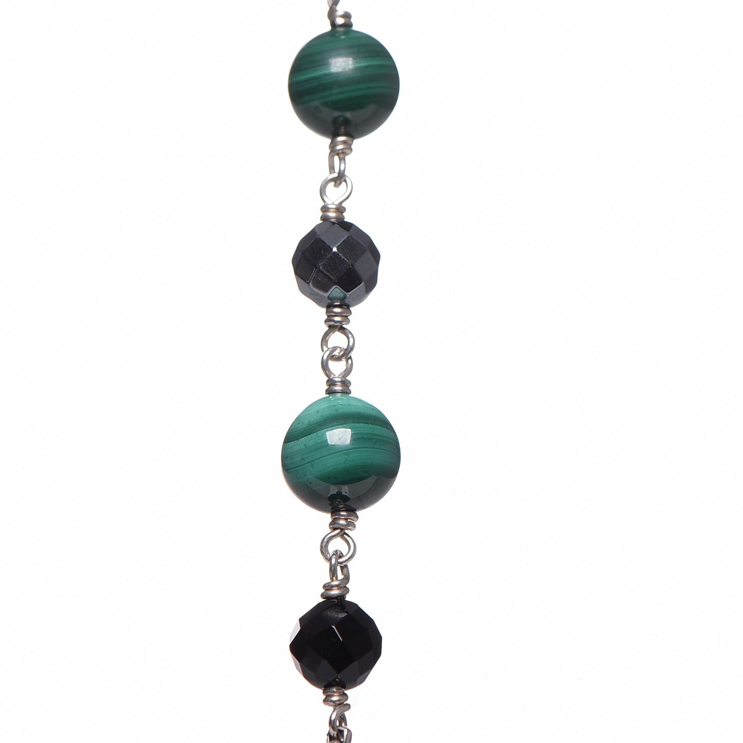 Sterling Silver Black Onyx Hematite Green Bead Elements Station Necklace
