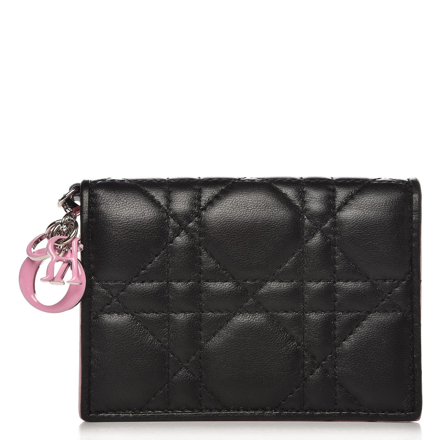Lambskin Cannage Bi-color Small Lady Dior Flap Card Holder Black Pink
