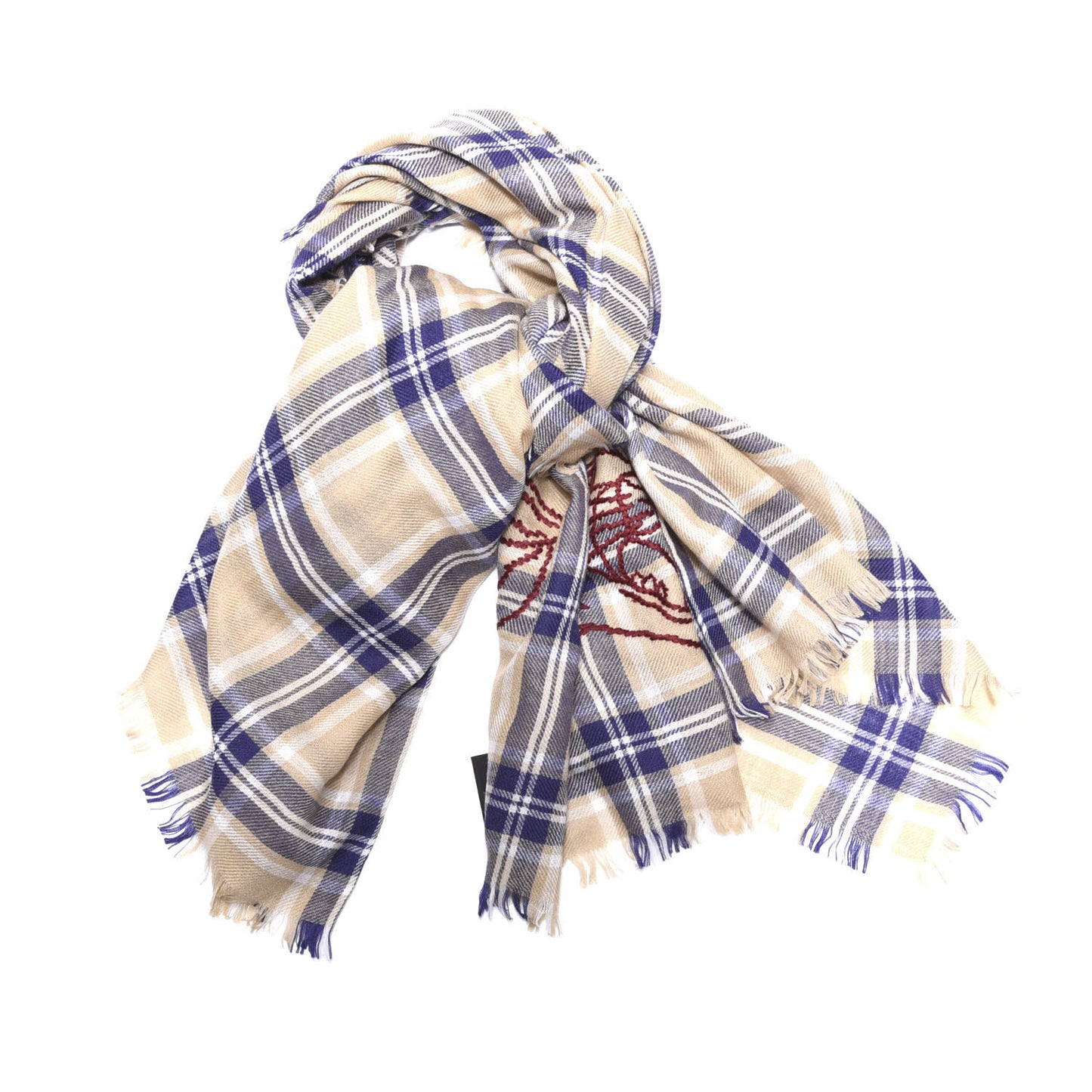 Wool Tiger Embroidered Plaid Scarf Beige Navy