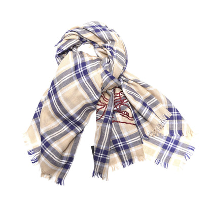 Gucci Wool Tiger Embroidered Plaid Scarf Beige Navy 1 of 4