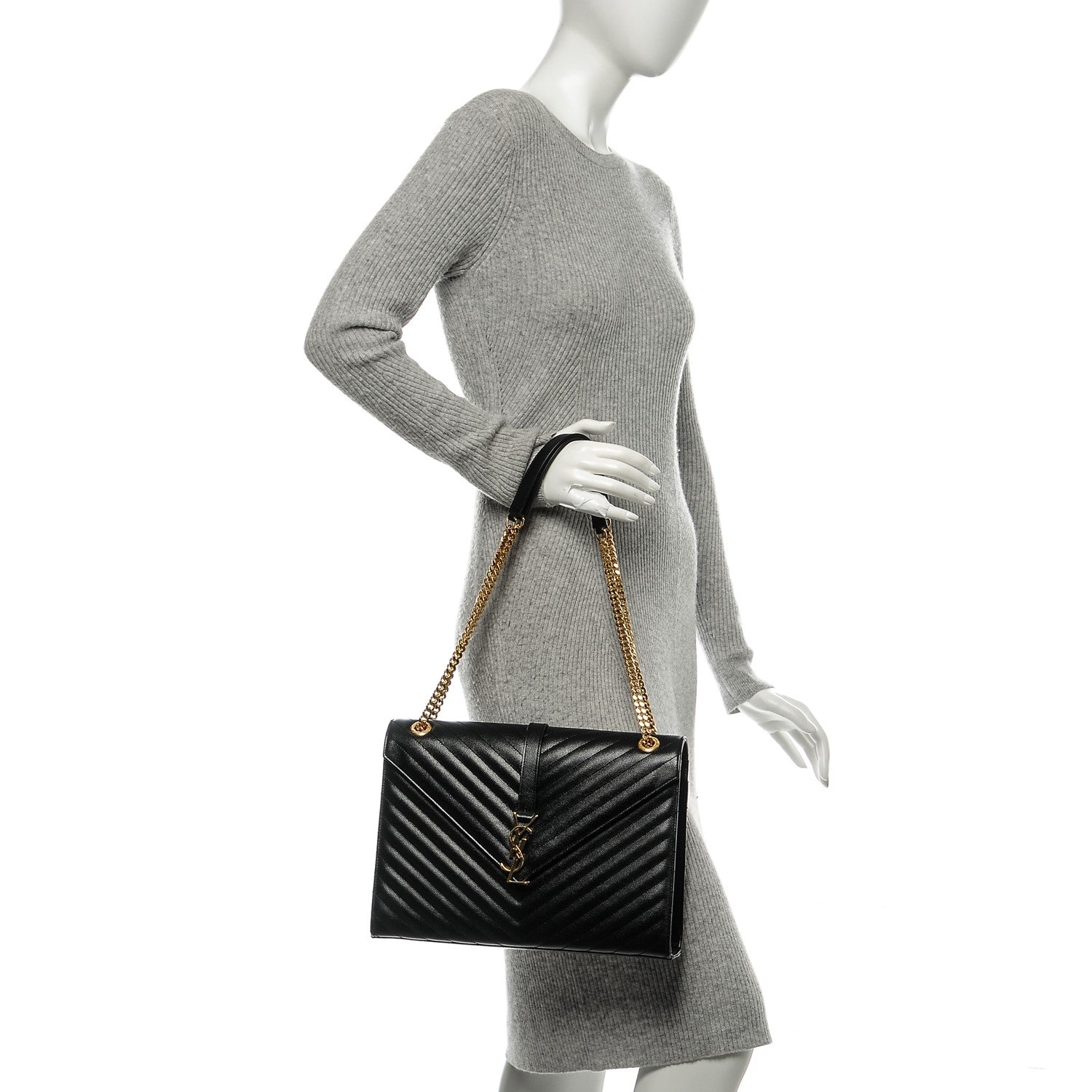 Saint Laurent Grain De Poudre Matelasse Chevron Large Monogram Satchel Black 2 of 17