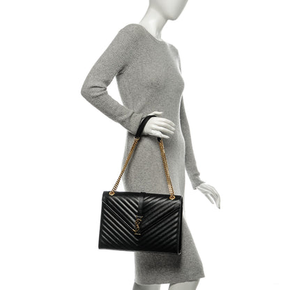 Saint Laurent Grain De Poudre Matelasse Chevron Large Monogram Satchel Black 2 of 17