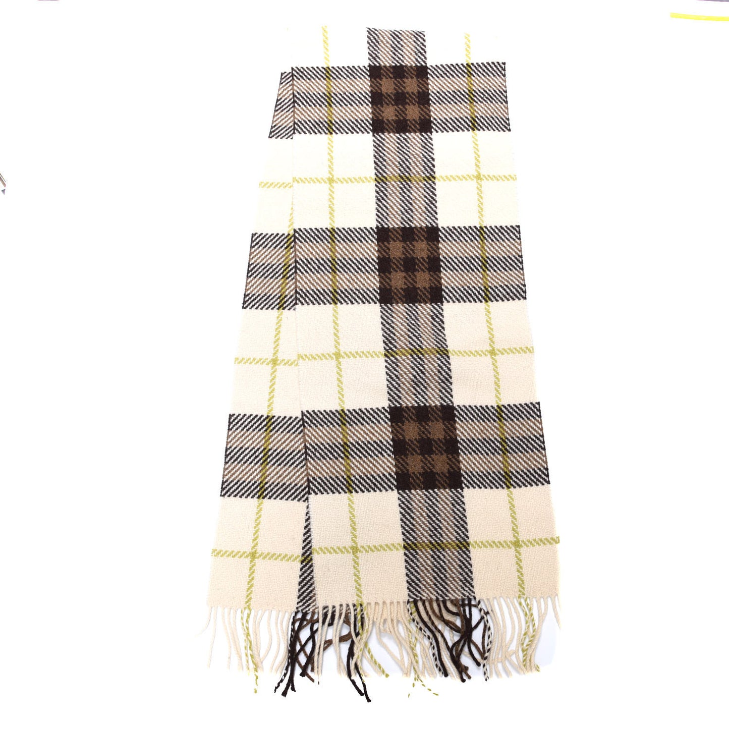 Cashmere Wool Check Fringe Scarf Beige Brown Green