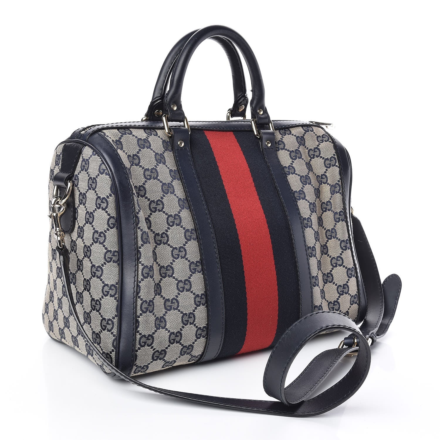 Gucci Monogram Selleria Calfskin Vintage Web Medium Boston Beige Blue 4 of 14