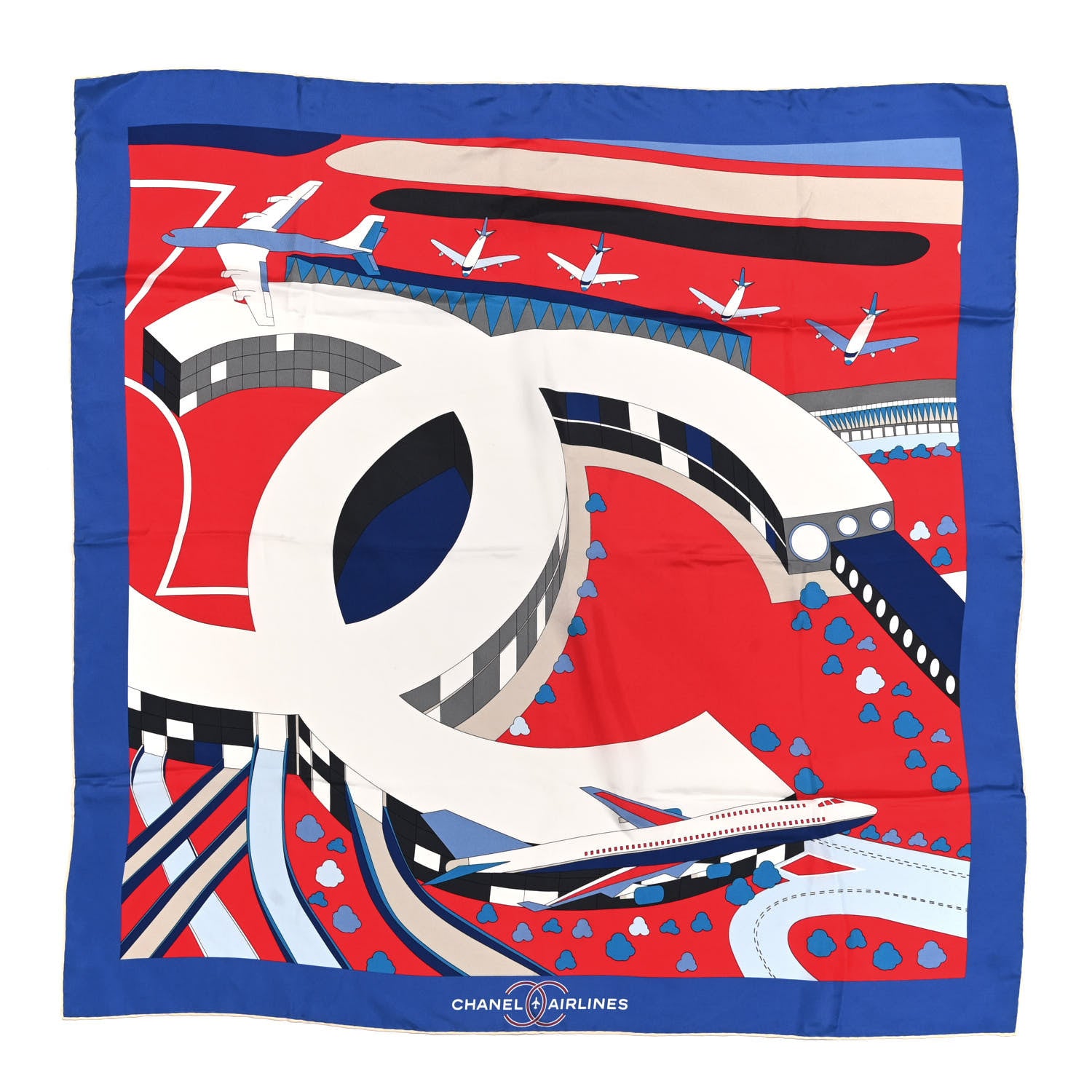 Chanel Silk Print CC Airplane Square Scarf Blue Red 1 of 3