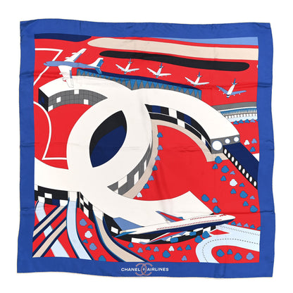 Chanel Silk Print CC Airplane Square Scarf Blue Red 1 of 3
