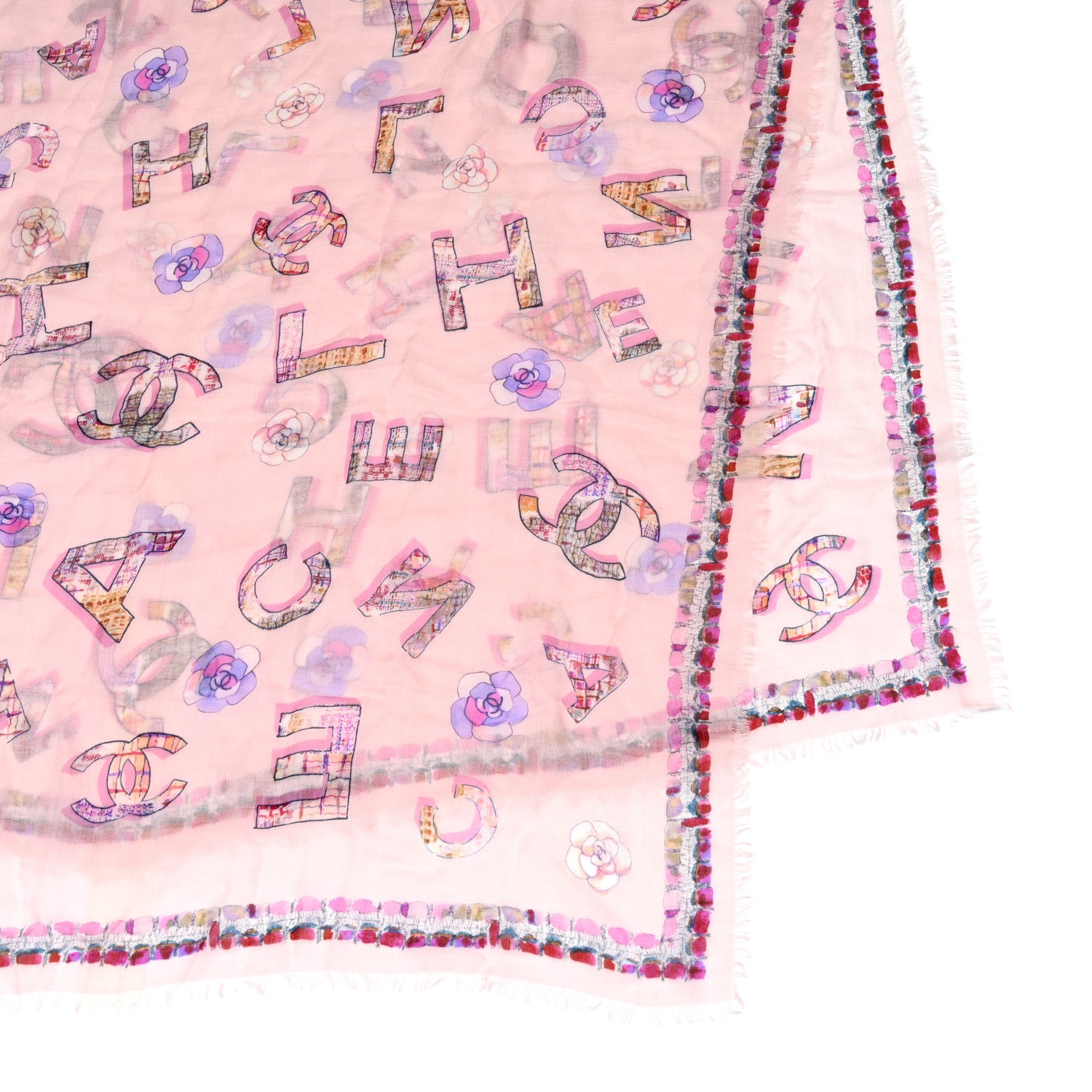 Chanel Cashmere Tweed Printed CC Fringe Scarf Pink Multicolor 4 of 4