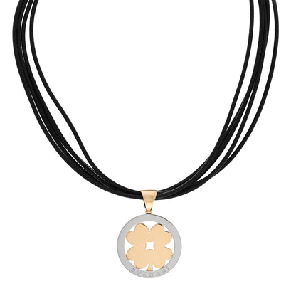 Bulgari 18K Yellow Gold Stainless Steel Calfskin Tondo Clover Pendant Necklace Black 1 of 4