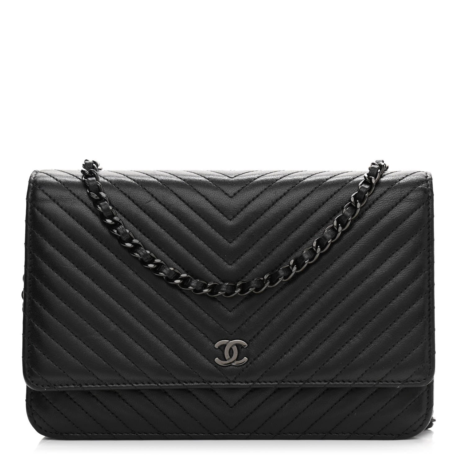 Chanel Lambskin Chevron Quilted Wallet On Chain WOC So Black 1 of 13