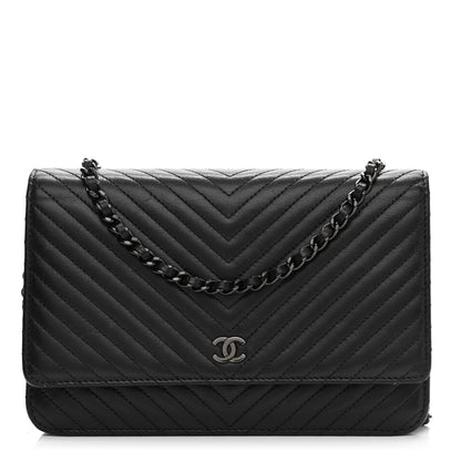 Chanel Lambskin Chevron Quilted Wallet On Chain WOC So Black 1 of 13