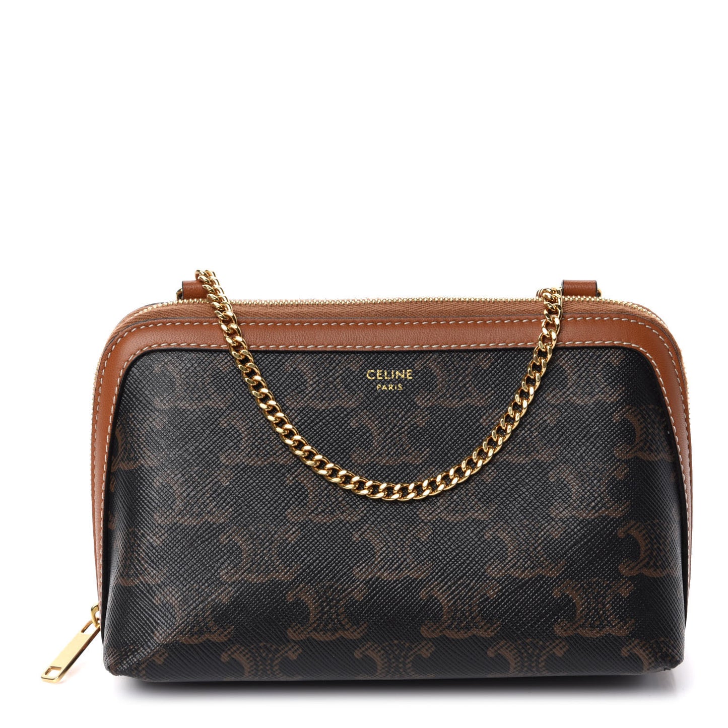 Triomphe Canvas Calfskin Mini Clutch on Chain Tan